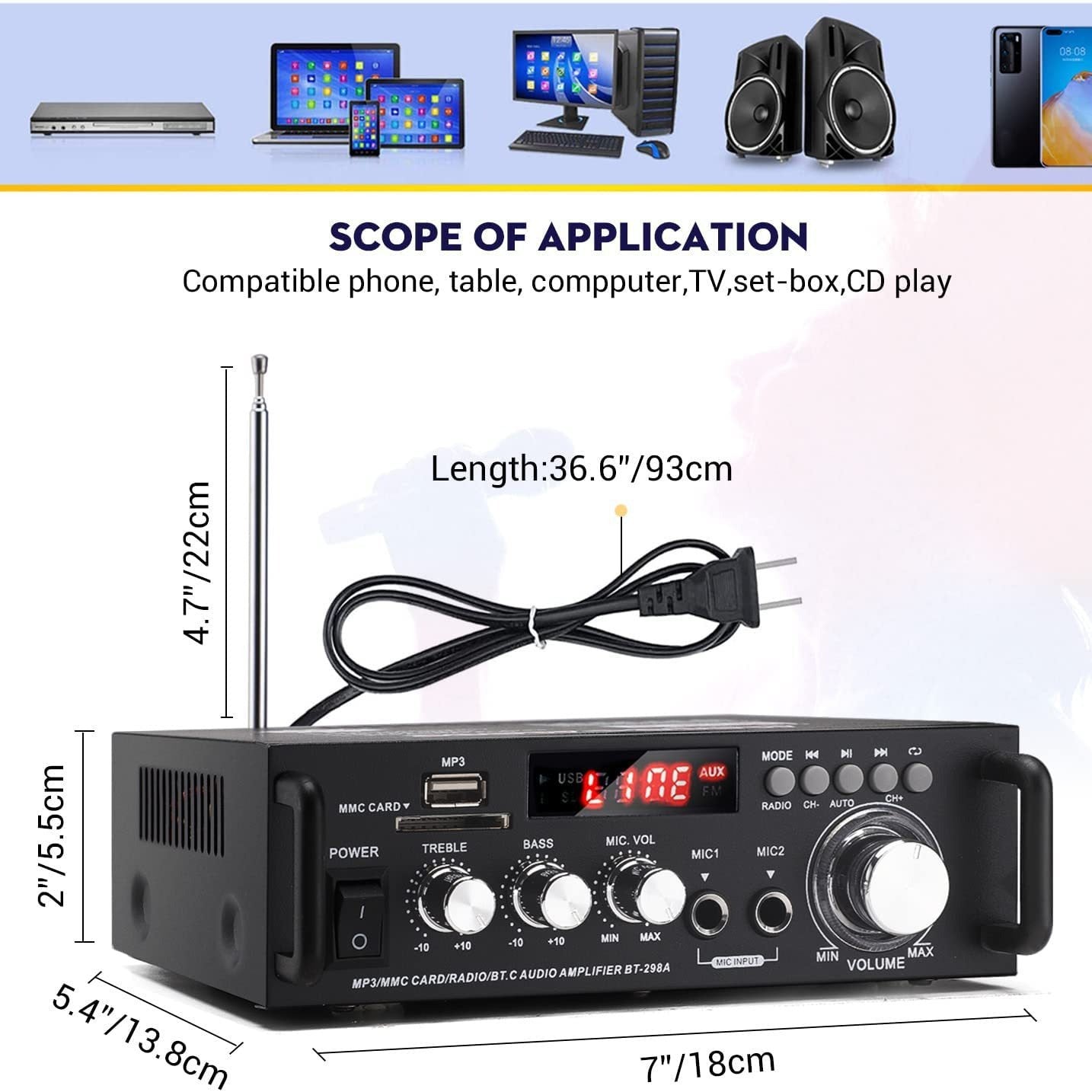 BT-298A小型功放机 插卡U盘收音12V220V蓝牙功放