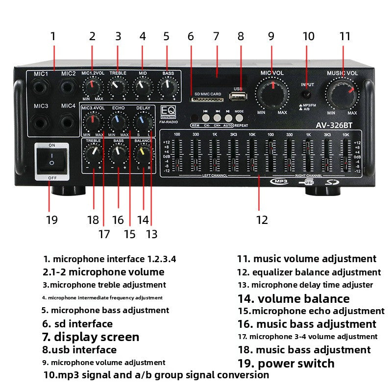 High-power home power amplifier 12v220v Bluetooth eq equalizer car outdoor karaoke dual-purpose power amplifier