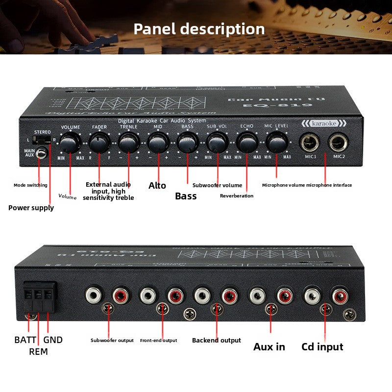 EQ-819Car Equalizer Amplifier with Microphone Input and External Audio Input Sensitivity Adjustment